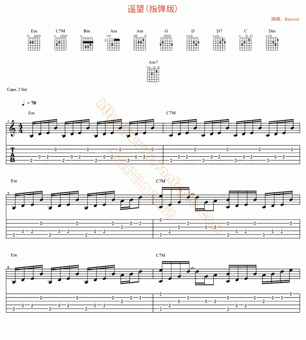 遥望吉他谱-BEYOND-A调原版弹唱谱-附PDF下载-看琴谱网